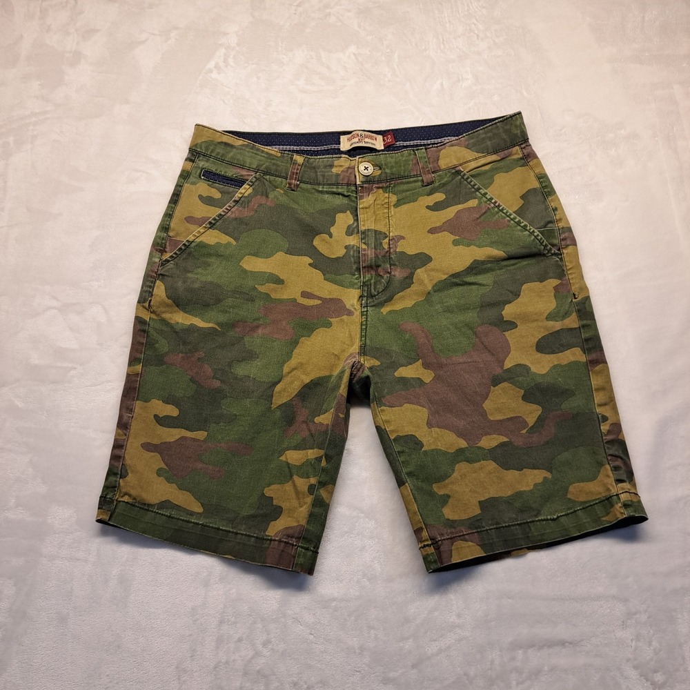 Hudson & Barrow Camo Chino Shorts Mens 32 Green Good Woodland Pattern Flat Front